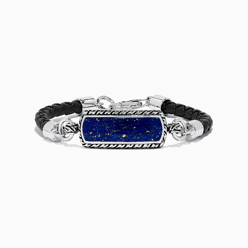 Men's Sterling Silver Lapis Lazuli Woven Leather Bracelet, 7.00 TCW