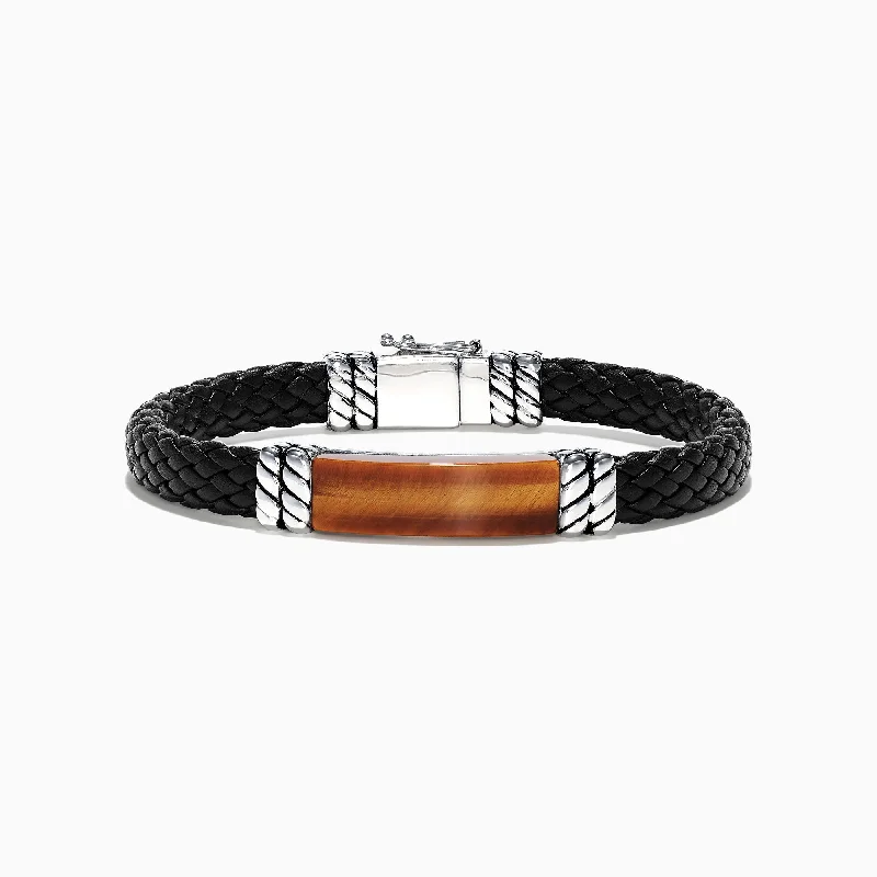 Men's Sterling Silver Leather Tiger's Eye Bracelet, 12.00 TCW