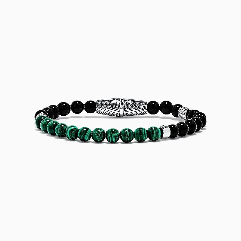 Men's Sterling Silver Beaded Onyx and Malachite Bracelet