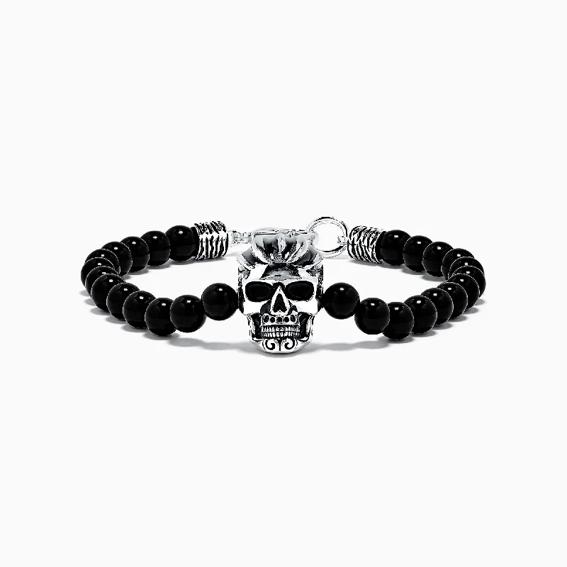 Men's Sterling Silver Beaded Onyx Skull Bracelet, 38.50 TCW