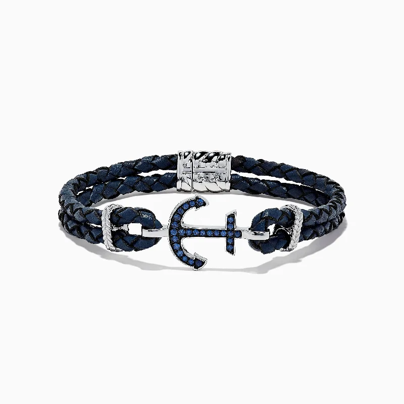 Men's Sterling Silver Woven Leather Sapphire Anchor Bracelet, 0.52 TCW