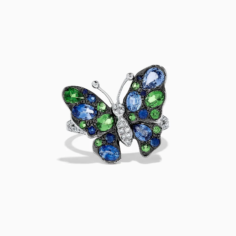 Nature 14K White Gold Sapphire, Tsavorite & Diamond Butterfly Ring, 2.52 TCW