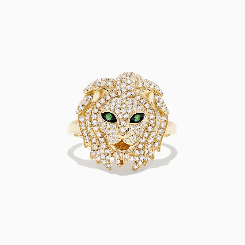 Safari 14K Yellow Gold Diamond and Tsavorite Lion Head Ring, 0.69 TCW