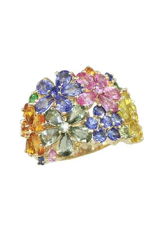 Watercolors 14K Yellow Gold Multi Sapphire Floral Ring, 9.07 TCW