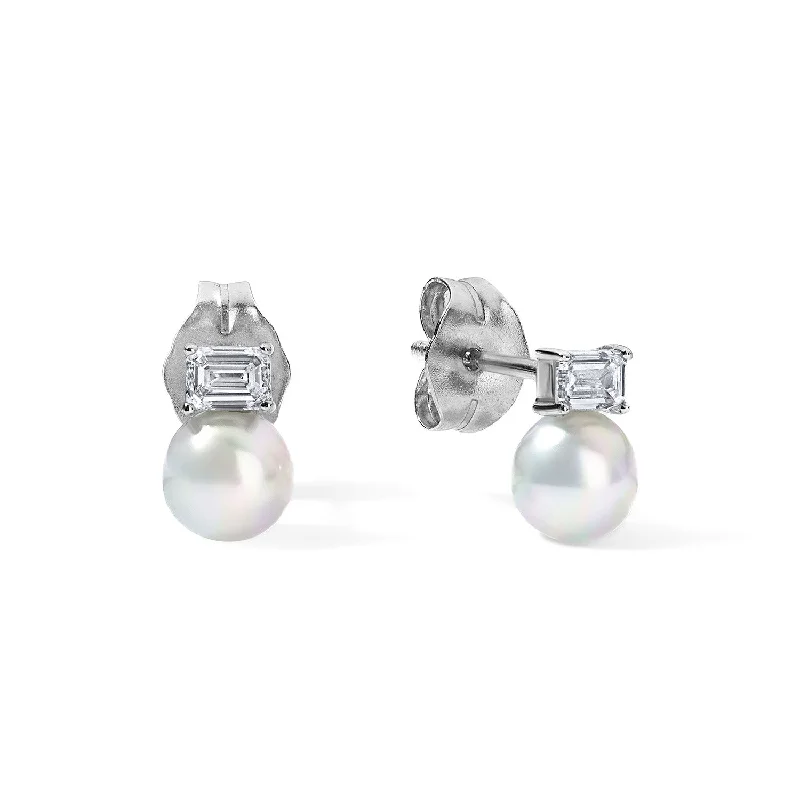 Emerald Cut Diamond and Pearl Studs