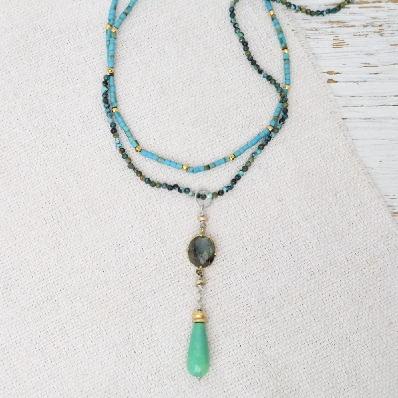 Labradorite and Chalcedony Pendant on Long Turquoise Necklace