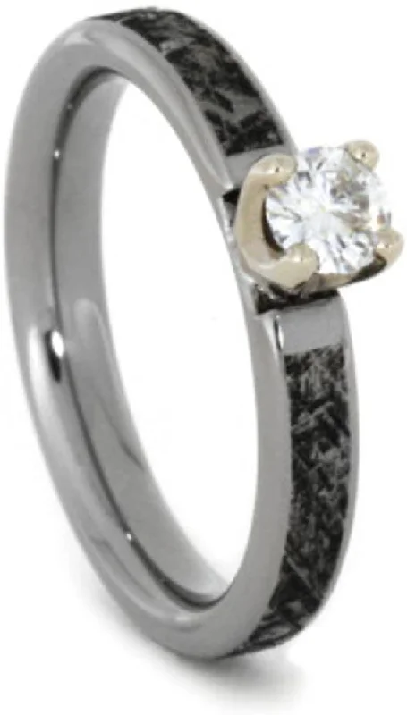 Forever One Moissanite In 14k White Gold Prongs, Mimetic Meteorite 4mm Comfort-Fit Titanium Band, Size 6.75