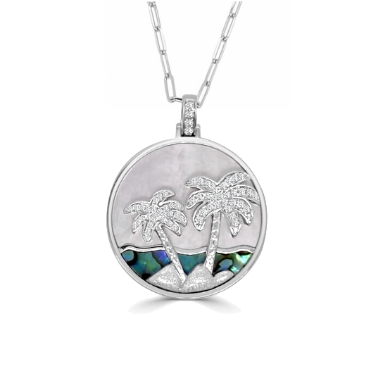 Frederic Sage 14K White Gold Palm Tree Pendant Necklace with Diamonds, Abalone and MOP