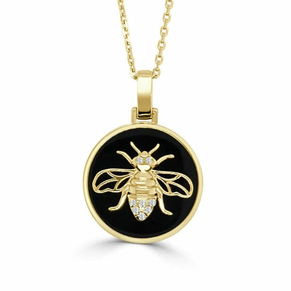 Frederic Sage 14K Yellow Gold Black Onyx Bee Diamond Pendant Necklace