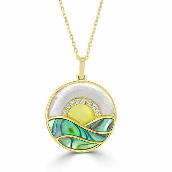 Frederic Sage 14K Yellow Gold MOP, Yellow MOP, Abalone and Diamond Small Sunset Pendant Necklace