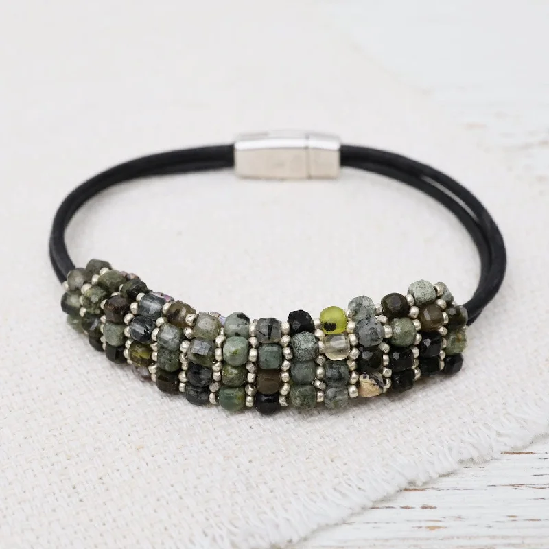 Hand Stitched Prehnite Cubes & Tiny Silver Beads Leather Bracelet