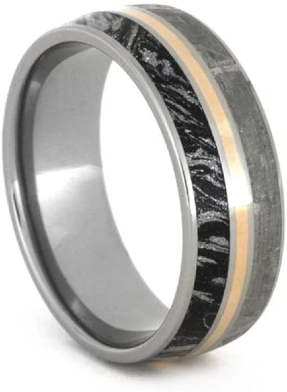 Gibeon Meteorite, Black and White Mokume Gane, 14k Rose Gold 8mm Titanium Comfort-Fit Ring, Size 15.5