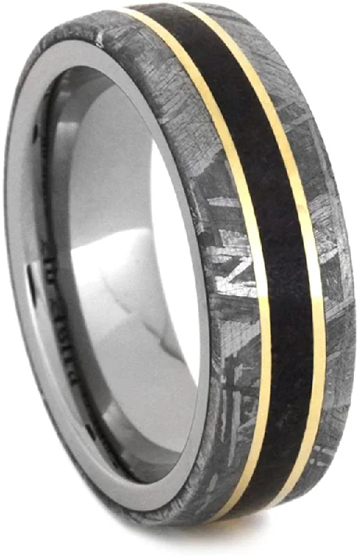 Gibeon Meteorite, Dinosaur Bone, 14k Yellow Gold 7mm Comfort-Fit Titanium Band, Size 12.5