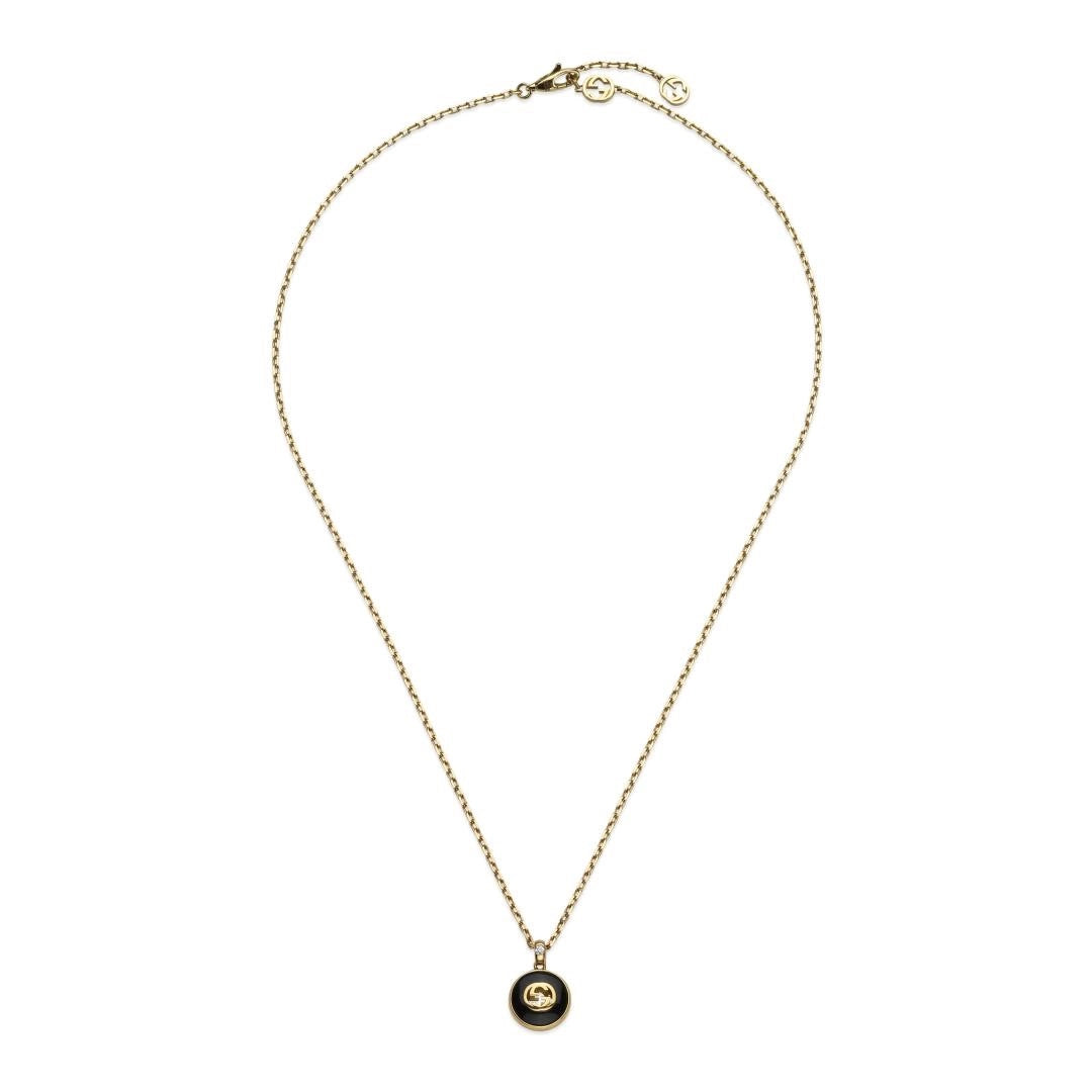 Gucci 18K Yellow Gold Black Onyx and Diamond Pendant Necklace