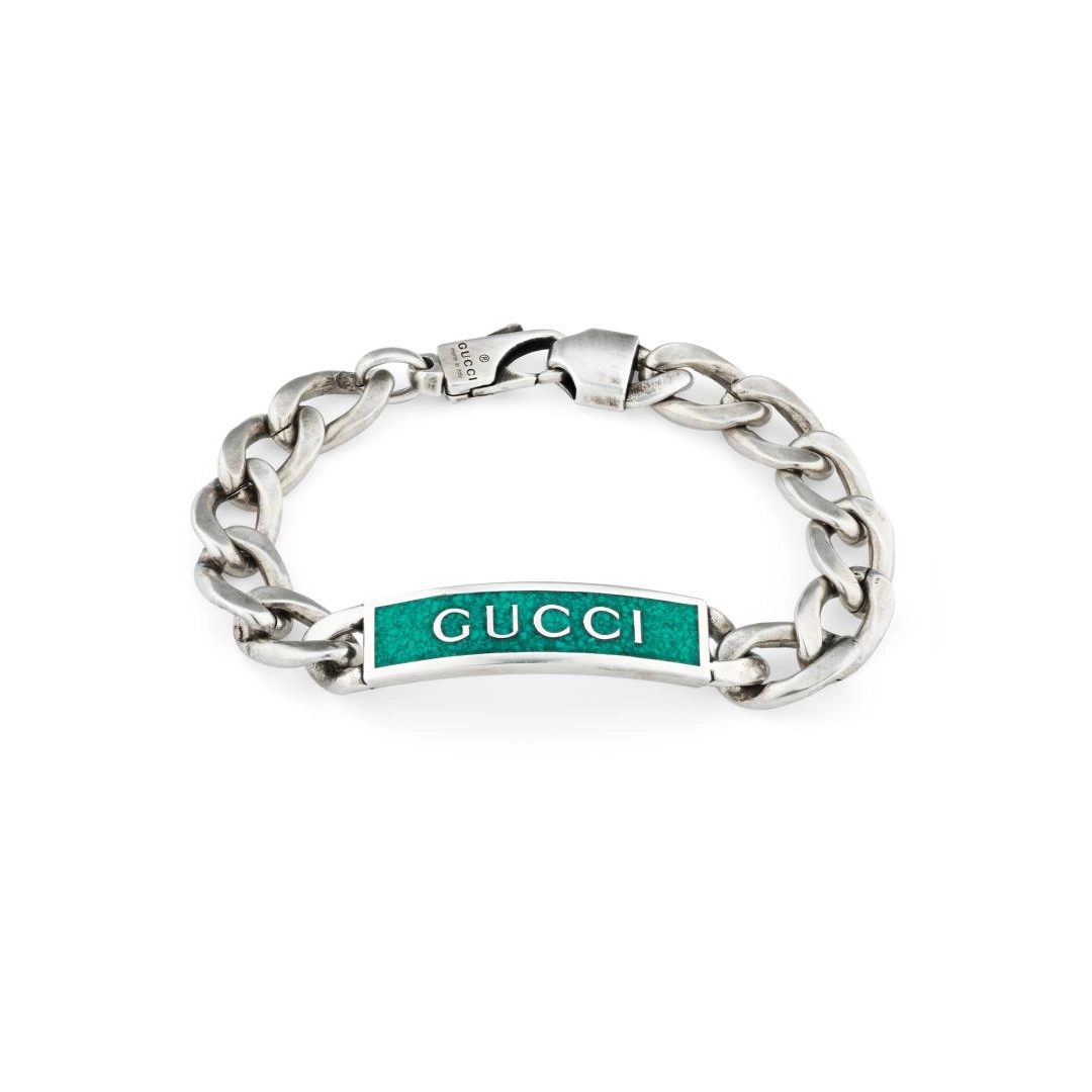 Gucci Sterling Silver and Turquoise Enamel Logo Bracelet