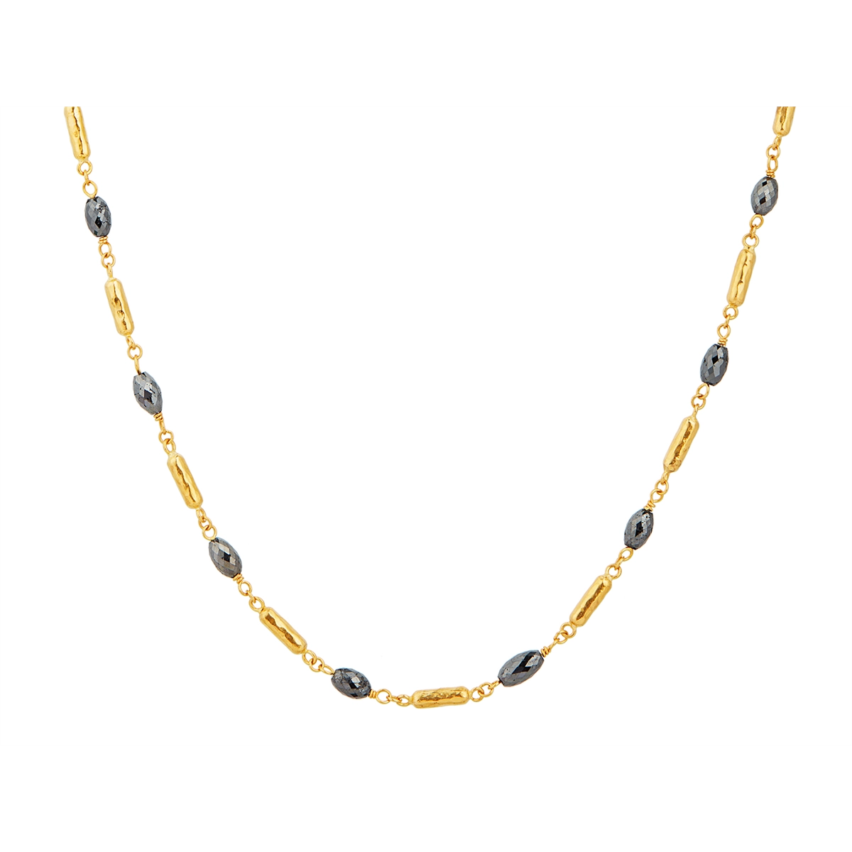 Gurhan 24K Yellow Gold Necklace with Faceted Black Diamond Bead Stations with 18K Lobster Clasp