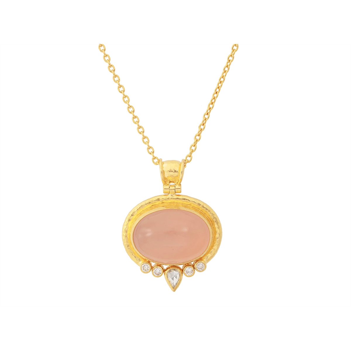 Gurhan One-of-a-Kind 24K Yellow Gold Oval Cabochon Pink Quartz Diamond Pendant Necklace