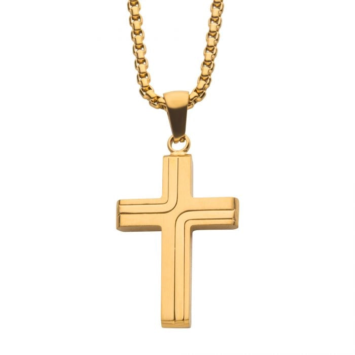 Inox 33mm Stainless Steel 18K Gold Ion Plated Cross Pendant Necklace, 22 inch