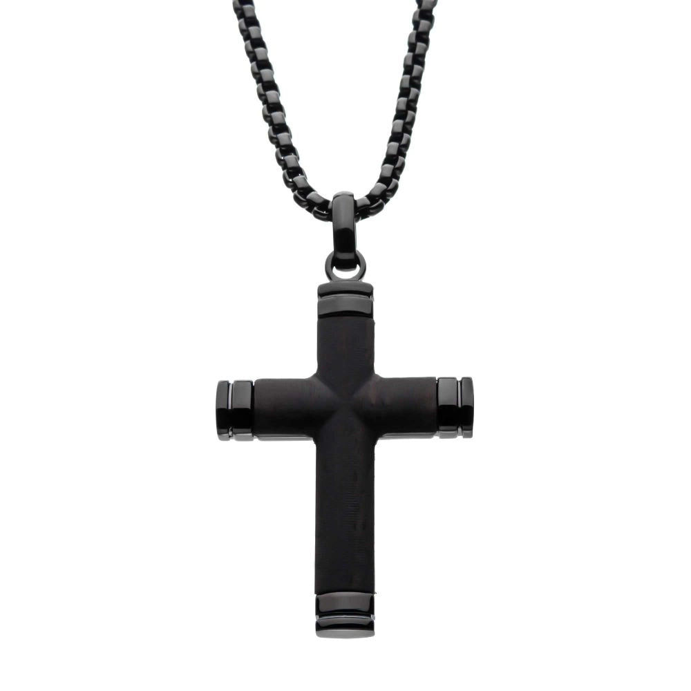 Inox Black IP Steel Ebony Wood Inlay Cross Pendant Necklace, 24 inch