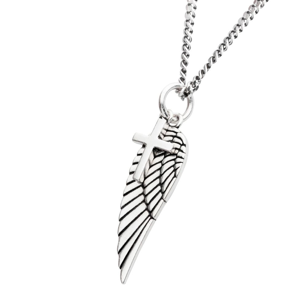 Inox Oxidized Sterling Silver Wing & Cross Duo Pendant Curb Chain Necklace