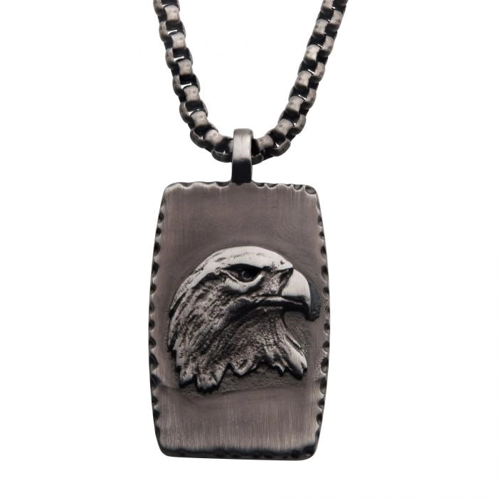 Inox Stainless Steel and Gun Metal Ion Plated Eagle Dog Tag Pendant Necklace