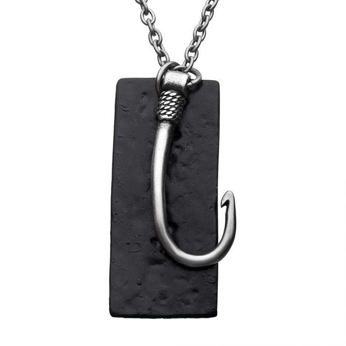 Inox Stainless Steel Antiqued Fish Hook and Black Ion Plated Tag Pendant Necklace