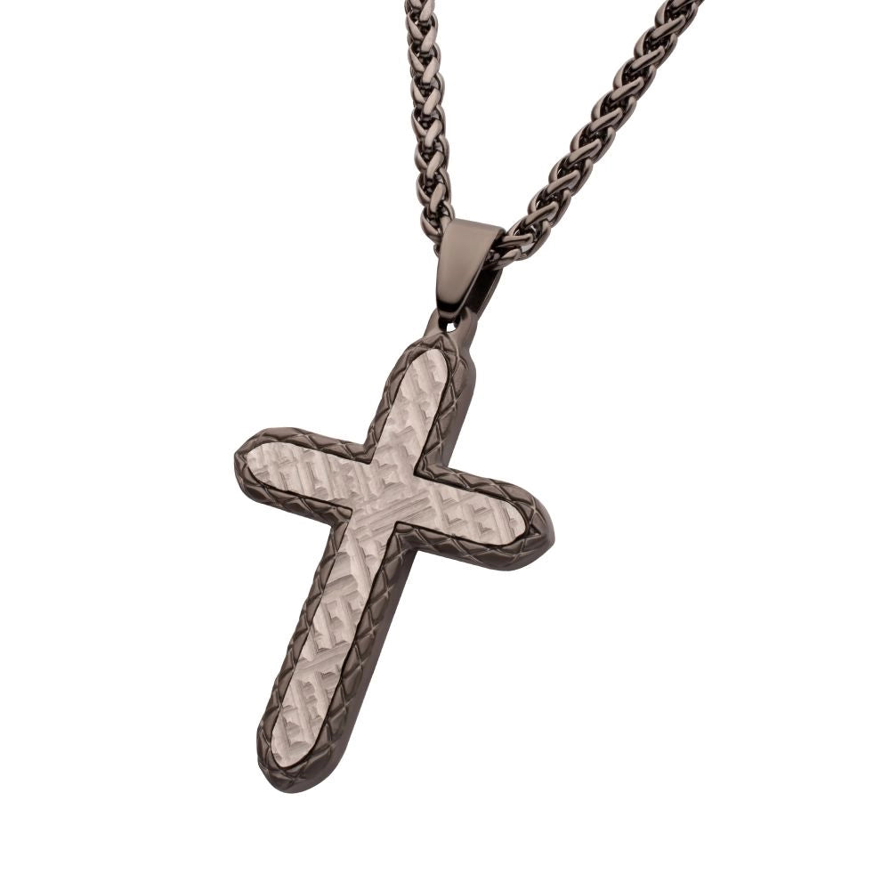 Inox Stainless Steel Black Chiseled Cross Pendant Necklace, 24 inch