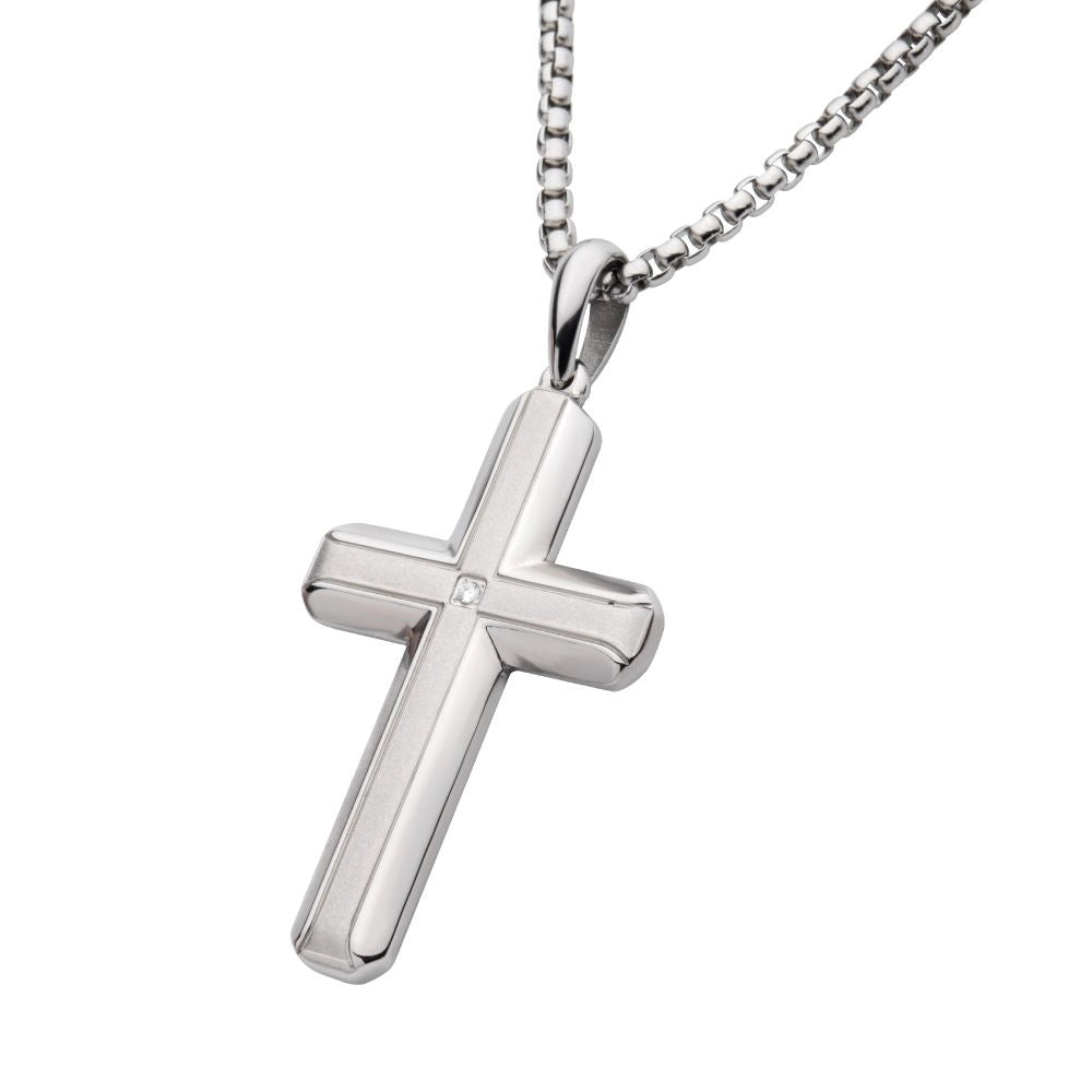 Inox Stainless Steel Brushed Cross Pendant Necklace with Lab Grown Diamond, 24 inch