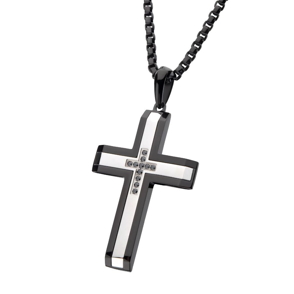 Inox Stainless Steel Matte Black Cross Pendant Necklace with Black Sapphire, 24 inch