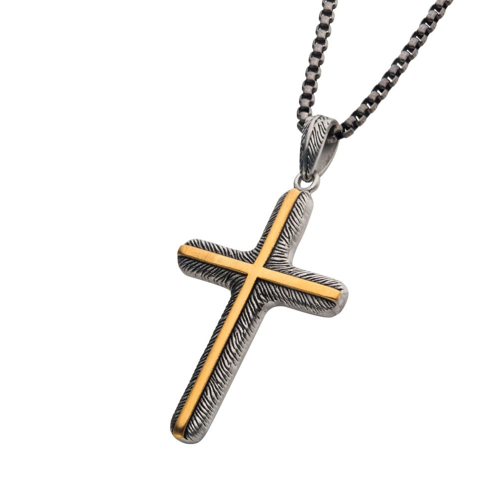 Inox Stainless Steel with Gold Plated Cross Pendant Necklace, 24 inch