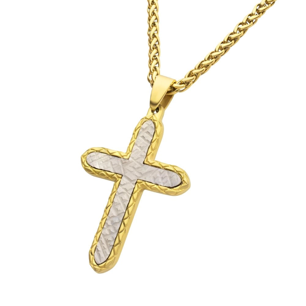 Inox Stainless Steel with Ion Plated 18K Gold Chiseled Cross Pendant Necklace, 24 inch