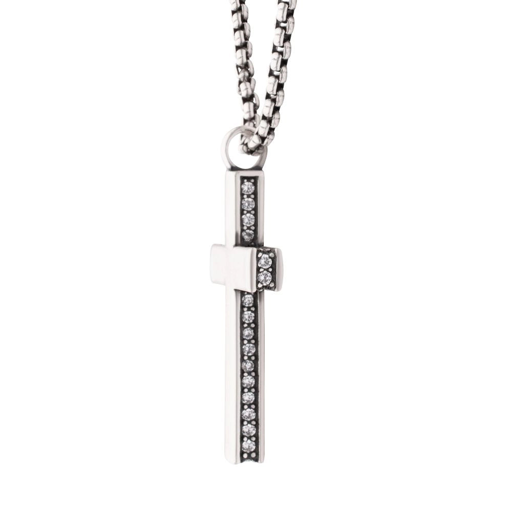 Inox Sterling Silver Cross CZ Sides Pendant Necklace