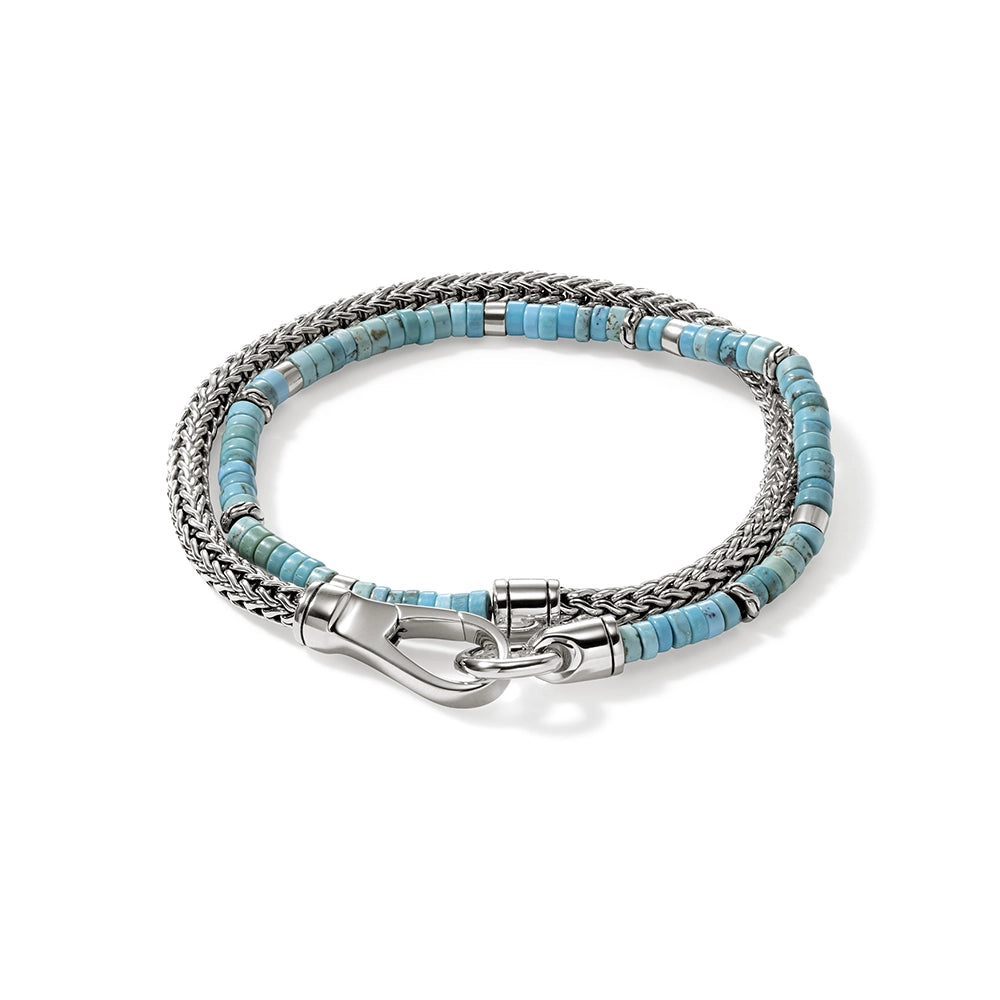 John Hardy Heishi Chain Silver Double Wrap 4.5mm Chain Bracelet with Treated Turquoise