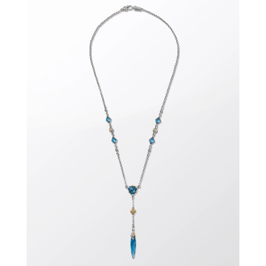 Konstantino Anthos Silver and 18K Gold Cross and Dagger Drop Necklace with Blue Spinel