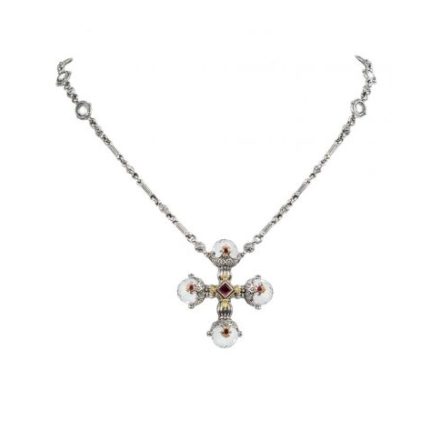 Konstantino Pythia Silver and 18K Gold Cross Necklace with Crystal, Corundum & Rhodolite