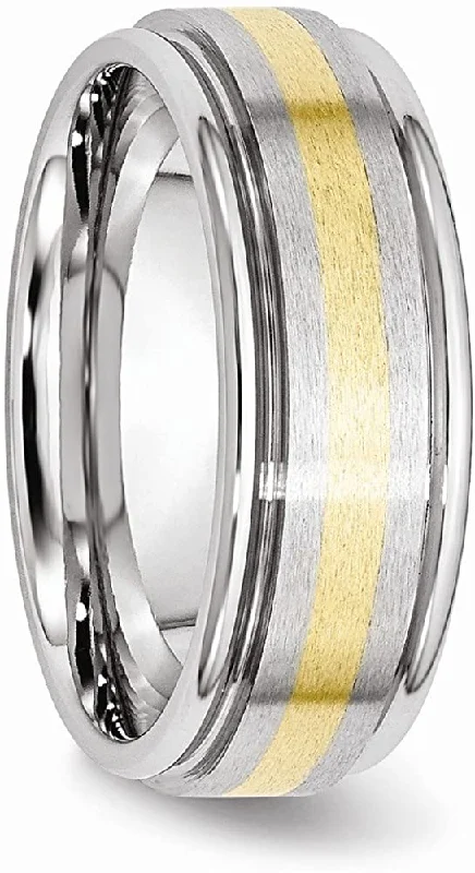 Men's Brushed Cobalt Chrome, 14k Yellow Gold Inlay 8mm Rounded Edge Band Size 7