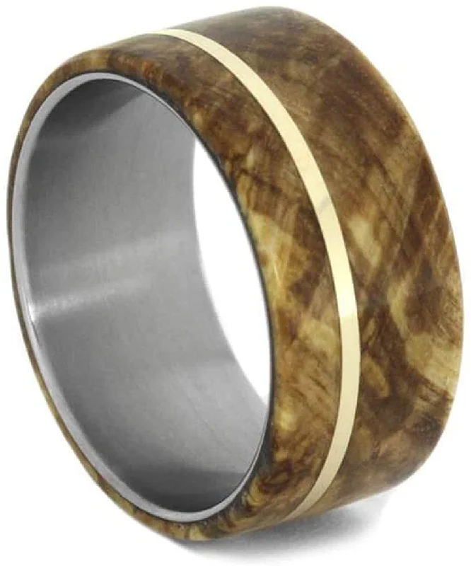 Men's Titanium Black Ash Burl, 14k Yellow Gold Pinstripe 8mm Comfort-Fit Band, Handmade, Size 7.75