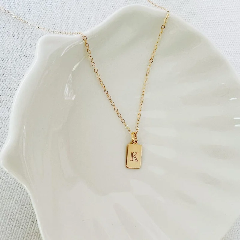 Engraved Mini Initial Tag Necklace Gold Filled