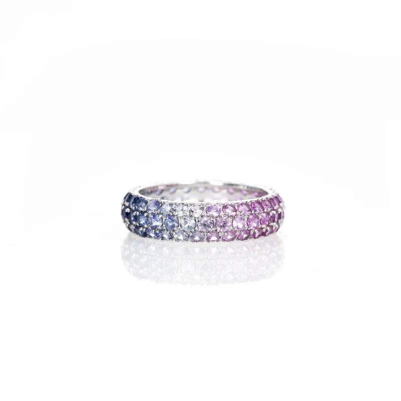 18K White Gold 3.10 Carat Multi-Color Ombre Sapphire Pave Eternity Band