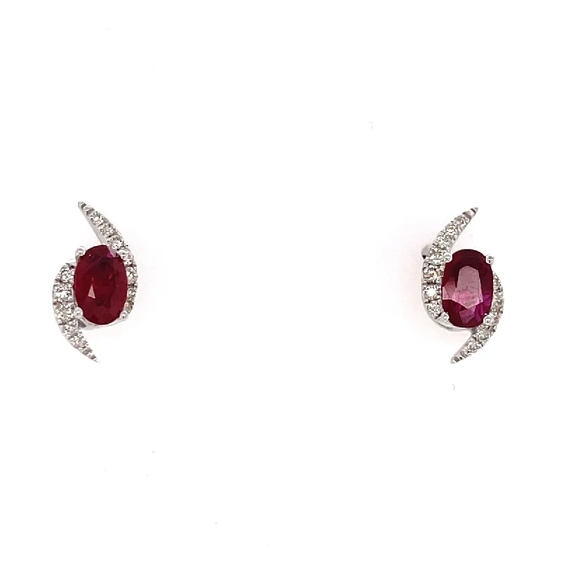 Bremer Jewelry Oval Ruby and Diamond Solitaire/Stud Earrings in 14K White Gold (1.03ctw)