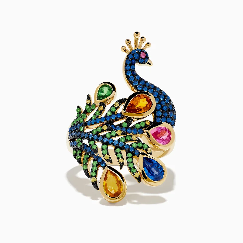 Safari 14K Yellow Gold Multi Sapphire Peacock Ring