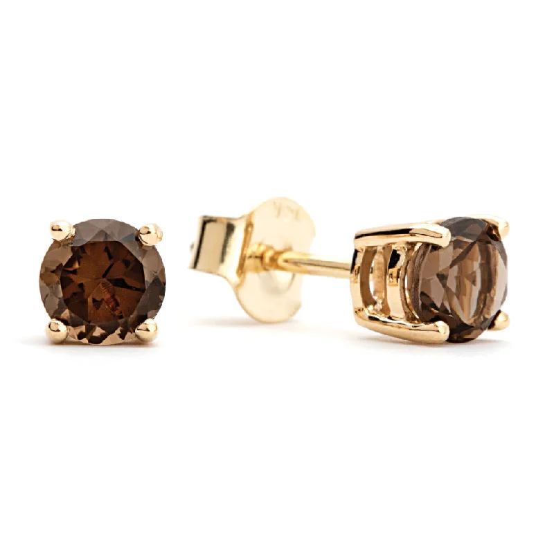 Solitaire Smoky Quartz Studs in Yellow Gold