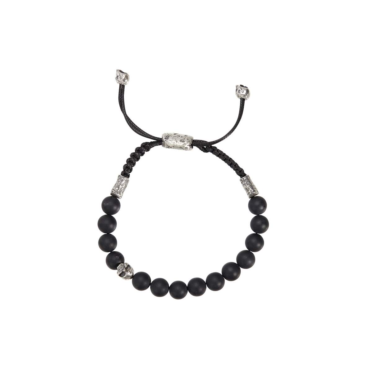 Sterling Silver 8mm Black Onyx Bead Bolo Bracelet with Skull Ends