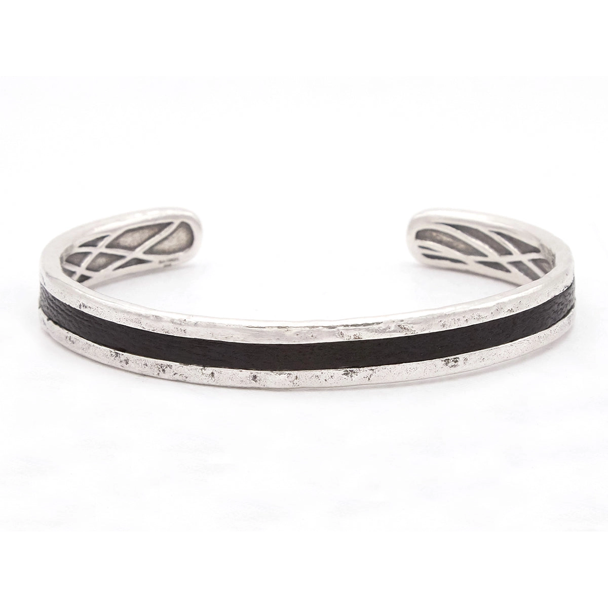 Sterling Silver 9.5mm Cuff Bracelet with Black Cowhide