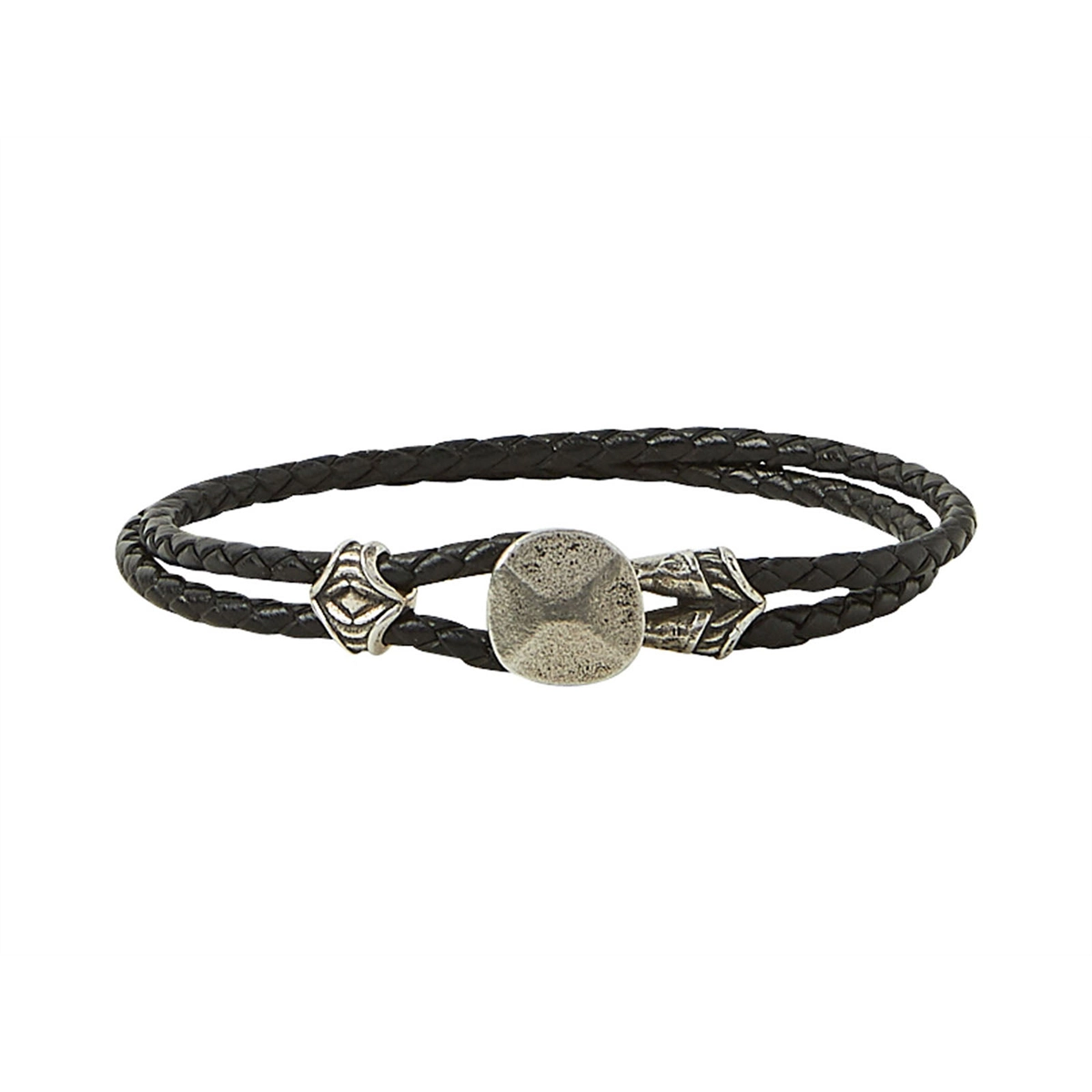 Sterling Silver Double Strand Black Leather Bracelet with Rivet Closure