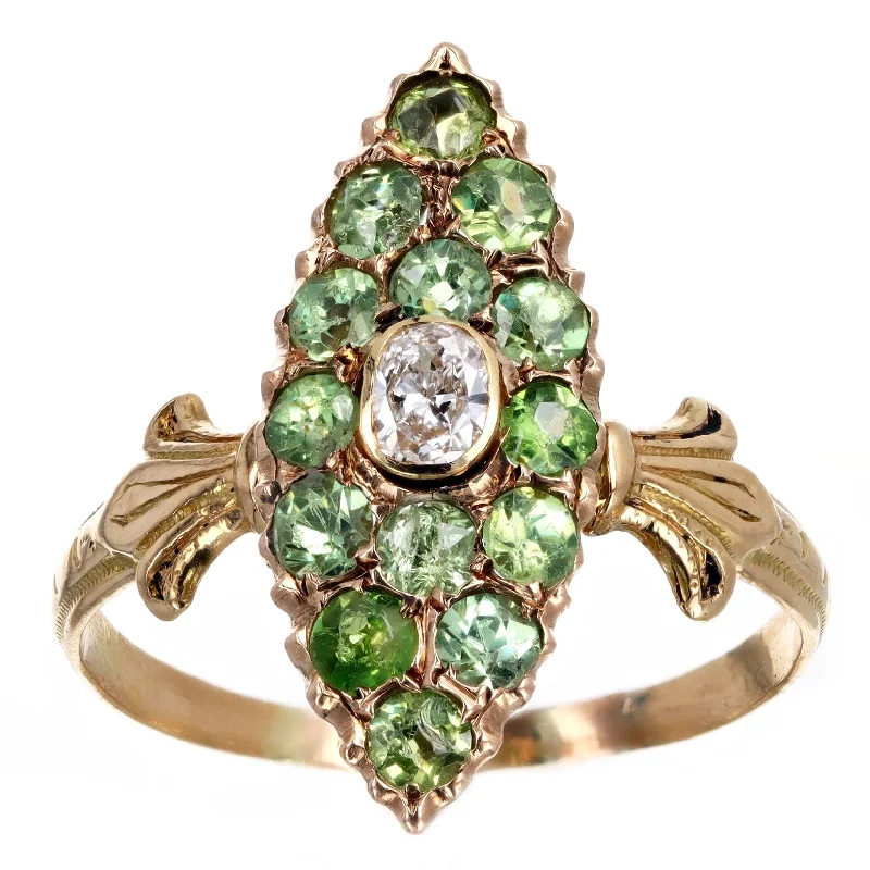 Victorian 0.12 Carat Antique Oval Diamond & Demantoid Garnet Navette Ring in 14K Yellow Gold