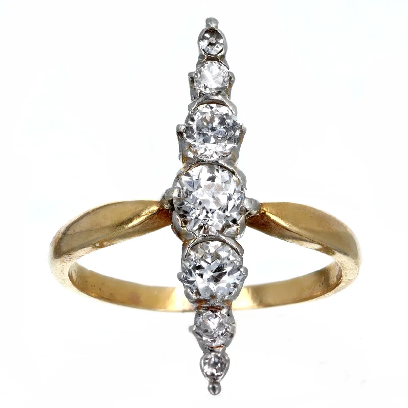 Victorian 0.80 Carat Total Weight Old European Diamond Navette Ring in 18K Yellow Gold