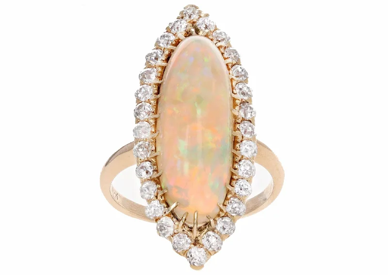 Victorian 14K Yellow Gold 5 Carat Ethiopian Opal & Old European Diamond Halo Ring