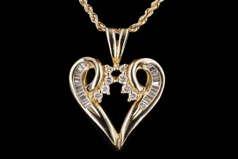 Vintage 14K Yellow Gold Baguette Diamond Heart Pendant Necklace