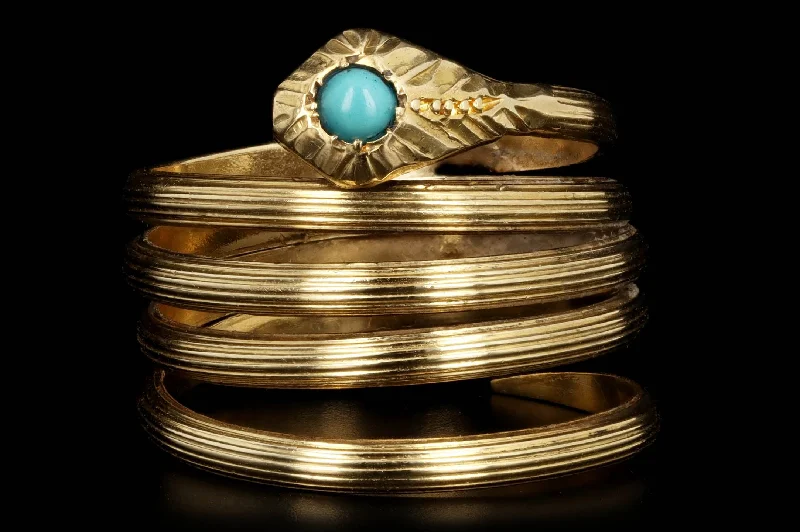 Vintage 18K Yellow Gold Turquoise Snake Wrap Ring